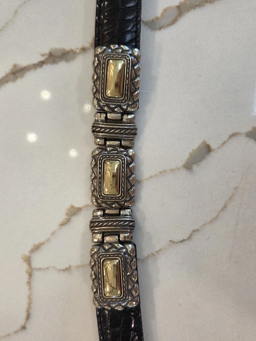 Brighton Leather Belt Black Croc Embossed Western Silver Gold Statement Boho